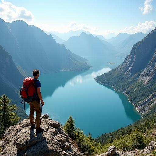 A hiker on a mountain ridge overlooking a lake.