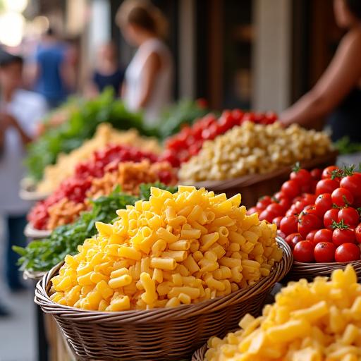 A vibrant market stall with fresh pasta.