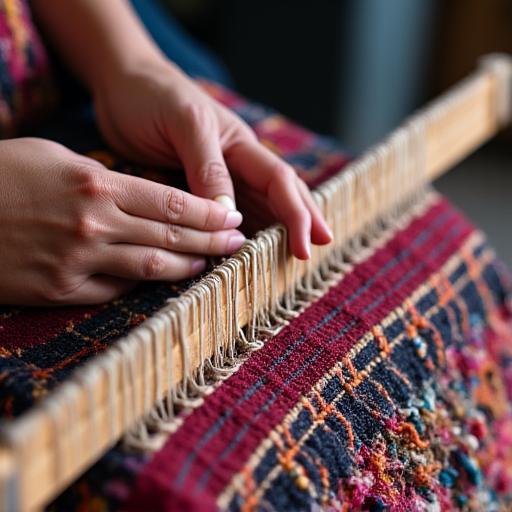 A woman weaving a traditional colorful tapestry.