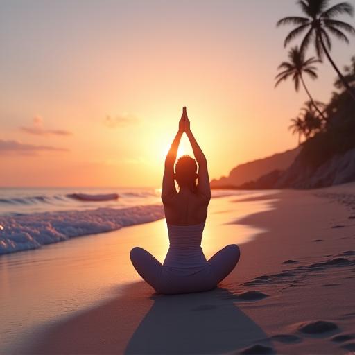 A tranquil yoga session on a beach at sunrise.