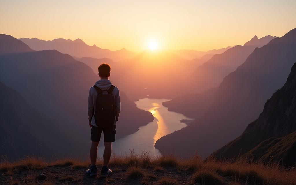 A serene traveler looking over a vast mountain valley at sunrise.