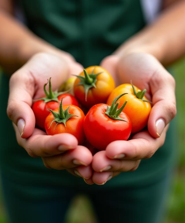 Hands of a local farmer holding fresh produce.